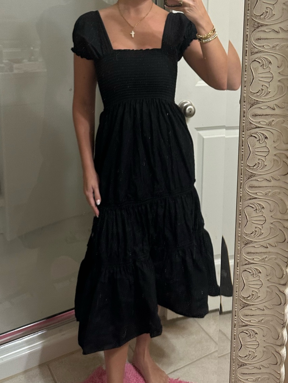 Black Smocked Puff-Sleeve Tiered Midi Dress